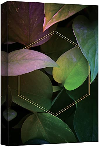 NWT Canvas Print Wall Art Pink & Green Devil Ivy Leaves with Gold Hexagon Floral Plants Mixed Media Modern Art Tropical Closeup Colorful Multicolor Ultra for Living Room, Bedroom, Office - 12x18