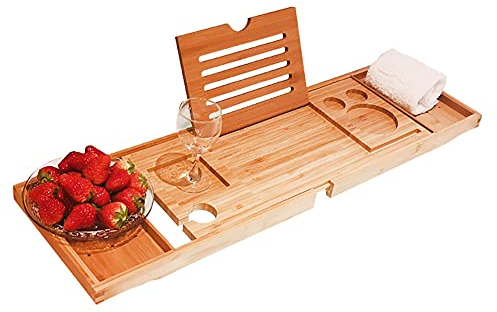 Ruby Lil Bambus-Bad-Tablett, Erweiterbares Bad Caddy Board, Weinglasständer, Handtuchhalter Für EIN Home SPA-Erlebnis (74,5 cm Beiliegend, 95Cm Extended)