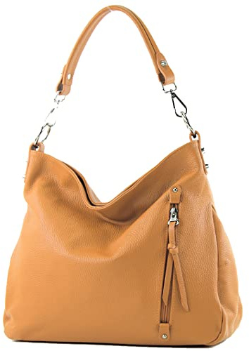 modamoda de T183 Damen Schultertasche Handtasche Tragetasche Echtleder Groß handmade in Italy, Farbe:Camel
