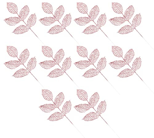 TOYANDONA 10 Pièces Feuille De Rose à Cinq Branches Feuille Creuse Décorative à Paillettes Pics De s De Noël Ornement Rose Poudre Scintillante Table à Manger Artificielle