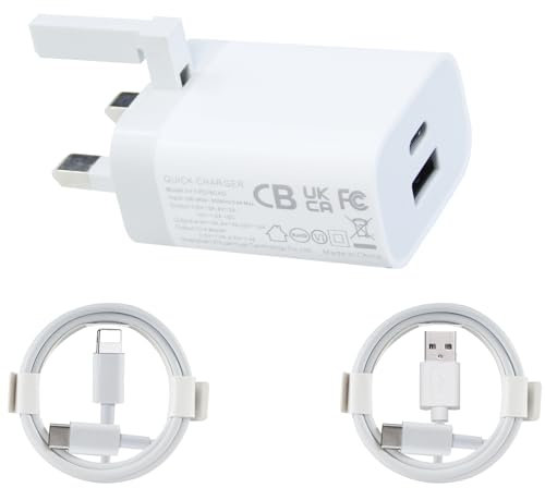 18W USB C phone charger, 2 port UK Mains Quick charge QC 3.0 18W Fast Charging Plug Type C Power Adapter PD Wall charger with USB cable Compatible with Mobile Phone Tablet Watch