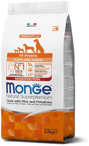 Monge Natural Superpremium Puppy and JUNIOR Duck, Rice and Potatoes, Hundefutter für alle Rassen (Trockenfutter für Hunde mit Ente, Reis & Kartoffeln, sehr Ballaststoff- & Vitaminreich, 2,5 kg)