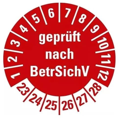100 Stück – Mehrjahresprüfplakette „geprüft nach BetrSichV | 23-28“ Etikett Folie Aufkleber, rot | Ø15-40mm Made in Germany, Größe: Ø20 mm
