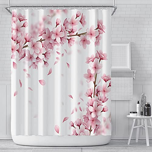 DOCPPE Tenda da doccia 3D rosa fiori di ciliegio fiori di pesco sfondo bianco bambini ragazza bagno impermeabile panno in poliestere schermo con gancio 200x240cm(79X94inch)