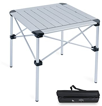iClimb Mesa cuadrada plegable de aluminio ligera y estable, con parte superior enrollable y bolsa de transporte para camping, picnic, patio, barbacoa, campamento, cocina (plata, M)