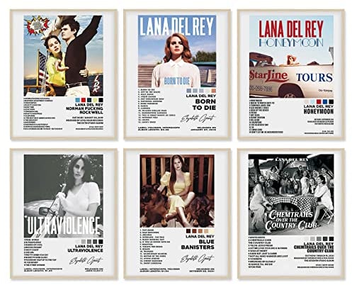 A ART·ZONE Lana Del Rey Poster, 20,3 x 25,4 cm, Leinwanddrucke, ungerahmt, Set mit 6 Wandkunst, Raumdekoration, Björk-Poster, Schallplatten für Wand, ästhetisches Albumcover, Poster, D / Blau