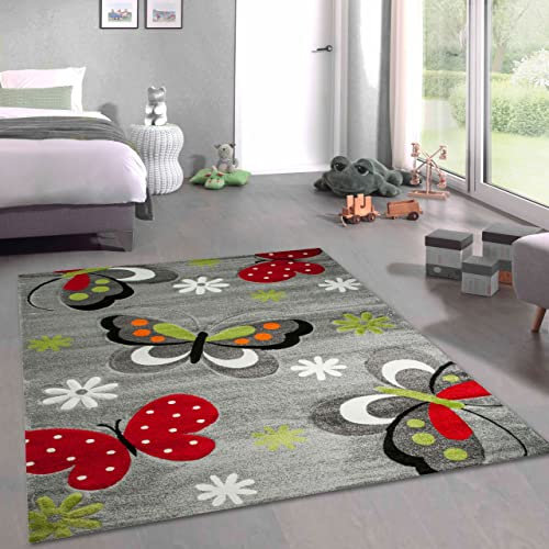 CARPETIA Bunter Kinderzimmerteppich mit Schmetterlingen — Allergikerfreundlich — grau, 200 x 290 cm