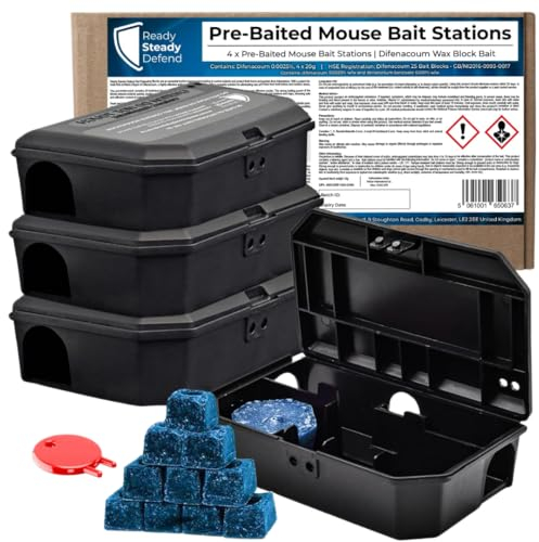 Pre Baited Mouse Boxes (Pack of 4) Effective Indoor Mouse Trap Boxes - Mouse Poisoning Solutions, Convenient Mouse Poison, Ideal Mouse Traps for Indoors, Preloaded Mouse Killer Complete with Key