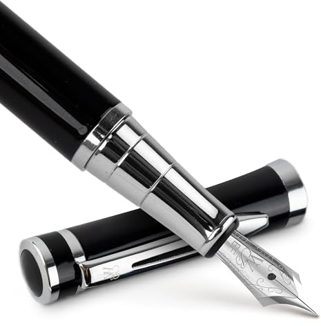 Wordsworth & Black Füllfederhalter-Set, extrafeine Feder, 24 Tintenpatronen, Tintennachfüllkonverter und Geschenkbeutel, Chrom-Finish, Kalligraphie, [Schwarzes Chrom], perfekt für Männer und Frauen