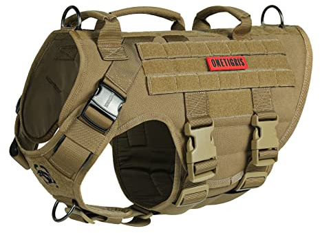 OneTigris Hundegeschirr, X DESTROYER Taktisches Einstellbar Antizuggeschirr Ausbruchsicheres Geschirr mit 3 Griffe 2 Metallschnallen Sicherheitsgeschirr (Braun M)