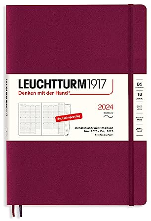 LEUCHTTURM1917 367566 Monatsplaner & Notizbuch Composition (B5) 2024, 16 Monate, Softcover, Port Red, Deutsch