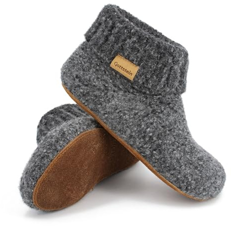 Gottstein Hüttenschuh Knit Boot - Filz-Hausschuh für Damen & Herren | Aus Reiner Schurwolle - hochwertige Sohle aus Rindsleder - geschlossene Sockenschuhe Charcoal | 47