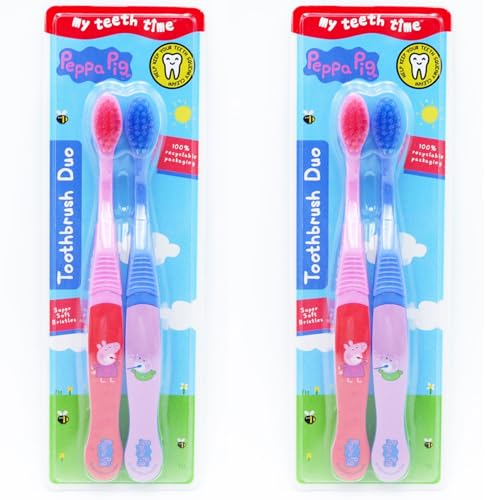 Oerich Peppa-Set mit Peppa-Wutz-Zahnbürste, Duo, 2 x 2er-Pack mit interaktiver Lunchbox-Karte in Pink / Violett