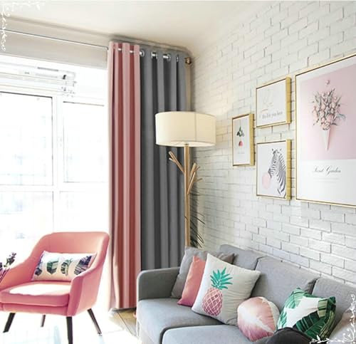 Gardinen 2er Set Blickdicht, Abdunkelnde Vorhänge mit Ösen 102x160CM Einfarbiges Patchwork Gardinen Grau Rosa Vorhänge für Esszimmer