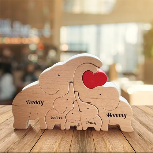Personalisiertes Holzkunstpuzzle der Elefantenfamilie mit 3-6 Namen Holzpuzzle Elefant Skulpturen Ornament Familien Geschenke für Muttertag Vatertag, Tischdekoration (Elefantenfamilie 1)