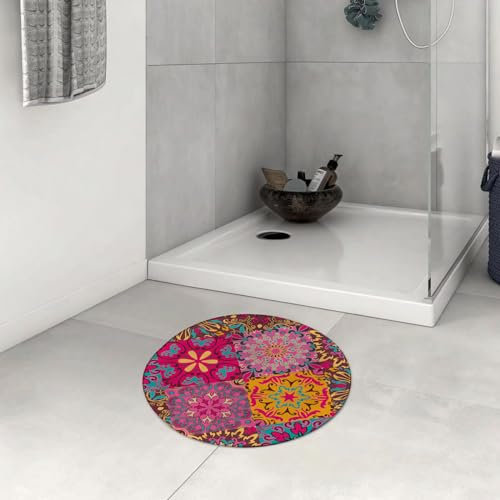 OHAGS nicht rutsches Badezimmermatten maschinenwaschbar, Ultra-weich und Wasser saugfähiger Badenteppich für Badezimmer,Marokkanische, lebendige künstlerische Mandala-Motive in östlichen Qua,60x60 cm