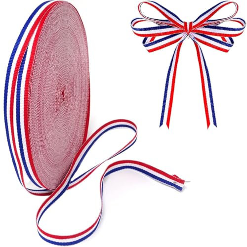 AVRUYPI Ruban tricolore de 20 mètres 10 mm, ruban polyester rouge, blanc et bleu, ruban nœud, ruban médaille, décoration DIY, ruban d'emballage, adapté aux fêtes, rassemblements, etc.
