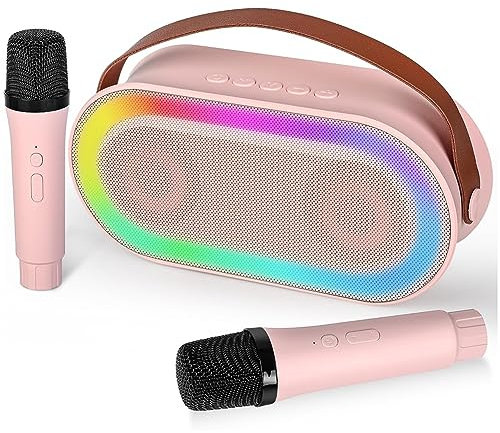 Jeenuuder Mini Karaoke Machine, Portable Bluetooth Speaker Set with 2 Wireless Microphone with LED Lights (Pink) Easy Install