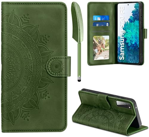 EASDNB Lederhülle für Samsung Galaxy S20 FE Hülle, Handyhülle für Galaxy S20 FE Flip Wallet PU Leder Case [Kartenfach] [Magnet] [Ständer] Prägung Klapphülle Schutzhülle für Samsung S20 FE, Grasgrün