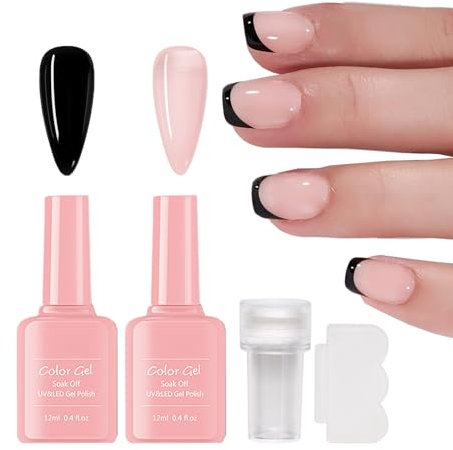 French Manicure Kit Nude & Black Jelly Gel Nail Polish Set for Black French Tip Nails 2Pcs Jelly Gel Polish Set for French Manicure with Nail Stamper, Soak Off UV/LED Nail Polish Set for Nail Art DIY
