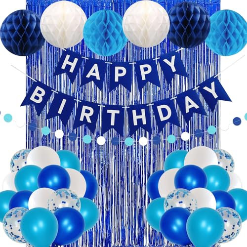 DEMIUKO Geburtstagsdeko Mann Blau Geburtstag Deko Tortendeko mit Geburtstag Banner Papier Wabenbälle Pompons Luftballons Royalblau Lametta Vorhang Männer Frauen Geburtstag Party Dekoration