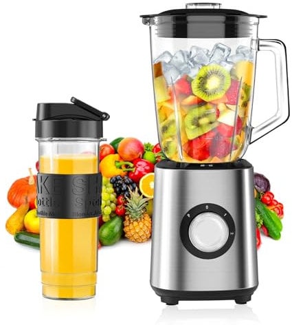 Standmixer, Smoothie Maker, 700W Blender, Mixer Smoothie Maker Combo 1,5L Glasbehälter mit 570ml Reisebecher, 2 Geschwindigkeitsstufen und Impulsfunktion für Smoothies Shakes Frozen Drinks Saucen