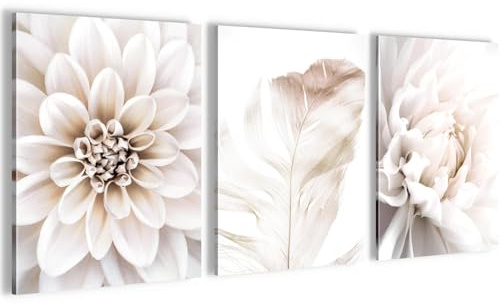 Novart Wandbilder Set Blumen Vintage - KOMPLETT AUFHÄNGFERTIG - Wohnzimmer Schlafzimmer Flur Deko - 3 Moderne Bilder Grau Rosa - N033535a