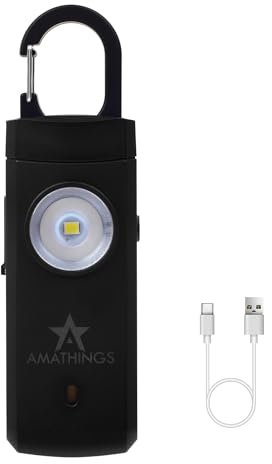 AMATHINGS Alarma de bolsillo llavero alarma recargable vía USB-C 130dB alarma con luz LED en negro alarma de pánico para autodefensa dispositivos de alarma para el bolso con nivel de batería