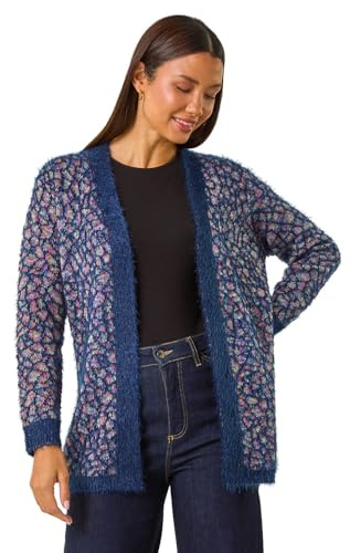 Roman Women Fluffy Cardigan Ladies Winter Cardi Longline Edge to Edge Ombre Coatigan Casual Sparkly Glittery Jacket Knitwear Knitted Autumn Fleecy Cosy Soft Coats - Denim Multi - Size 18