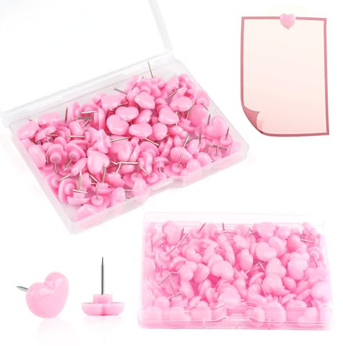 Neerow 200pcs Heart Push Pins, Pink, Plastic & Metal, Cute Thumb Tacks, Decorative Drawing Pins, Office & School Notice Board