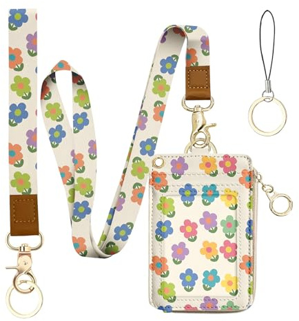 Bolimoss Porta badge 2-in-1 con portafoglio e cordino, grazioso cordino floreale con portafoglio, porta badge con cordino da collo e da polso, porta badge in pelle sintetica con chiusura a zip e
