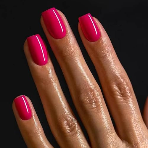 Faux Ongles Court MouyouGlow,Squoval Light Deep Rose Fluo Unicolore Glossy Press on Nails avec Colle à Ongles,Rose Pink Color Solid Fake Nails