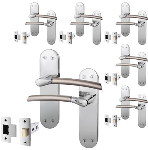 EAI Door Handle + Latch Set - Duo Finish | 6 Pairs Satin Nickel and Polished Chrome Lever Handle on Backplate With 64mm Latch