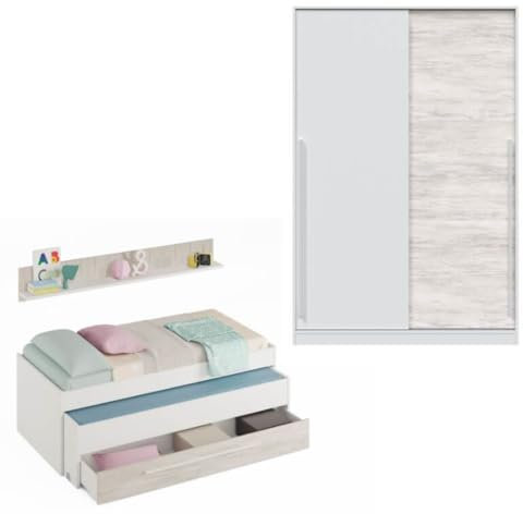 Mobelcenter, Dormitorio Juvenil Elliot, Conjunto Dormitorio Infantil Juvenil Color Blanco Artik y Blanco Velho, Cama Nido con Cajón y Armario 2 Puertas con Barra de Colgar y 4 estantes (P0055)