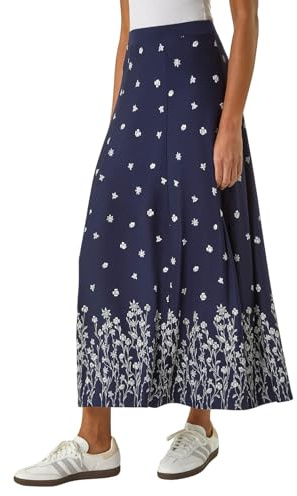 Roman Jersey Skirt for Women UK - Ladies Midi Maxi Floral Animal Print Autumn Winter Swing Smart Casual Office Cocktail Party Going Out Evening Holiday Cruise - Floral Navy - Size 12