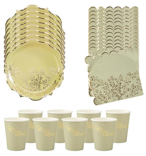 Green & Gold Leaf Party Pack for 8, Wedding Plates, Cups & Napkins Set, Afternoon Tea Party, Paper tableware