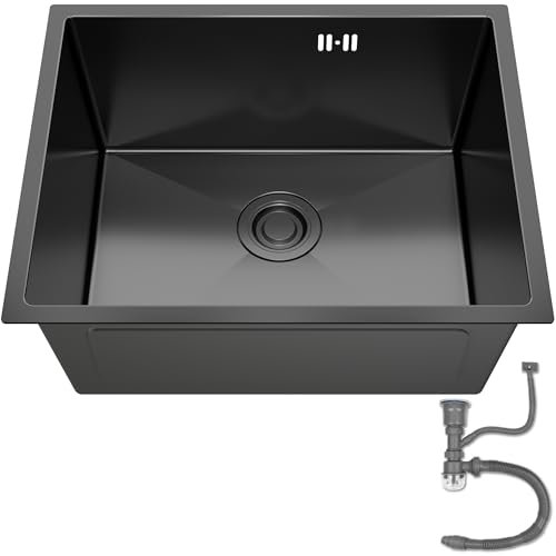 ANW HOME Undermount Graphite Kitchen Sink Drop in 54x44 cm with Siphon, Strainer Waste & Overflow Kit, Topmount Single Bowl 304 Stainless Steel