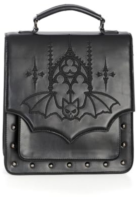 Banned Gothic Bat Rucksack – Umhängetasche aus schwarzem Kunstleder mit Nieten und Klappe
