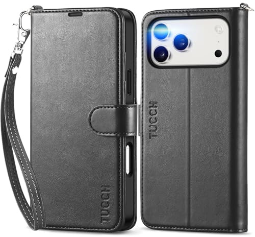 TUCCH Wallet Case with Wrist Strap for iPhone 17 Pro Max (6.9) 2025, Black | 4 Card Holders, RFID Blocking, Viewing Stand, Shockproof TPU Shell, Premium PU Leather, Magnetic Closure, Folio Flip Cover
