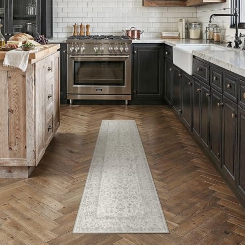 PureCozy Grau Waschbarer LäUfer Flur Teppich 60x240cm Vintage Teppiche | Weicher Kurzflor, Rutschfest, Pflegeleicht, Küche, Bettvorleger,Eingang ,Esszimmer,Schlafzimmer,Hallway