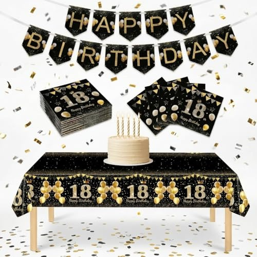18. Geburtstag Deko Set Schwarz Gold | 16/18/21/30/40/50/60/70 Geburtstagsdeko Set mit Tischdecke, Girlande und 20 Stück Servietten für Mädchen Jungen Innen Außen