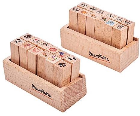 WANDIC Mini-Gummistempel aus Holz, 24 Stück, 2 verschiedene Motivstempel mit Holzbox, für Bastelarbeiten, Kartenherstellung und Scrapbooking