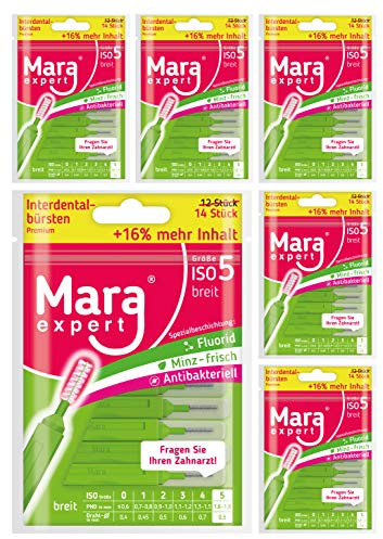 Interdentalbürsten Grün von MARA EXPERT | 0,7mm ISO 5 breit | 6 x 14 (=84) Interdentalbürsten | Ideal für feste Zahnspange | Mit Fluorid, Chlorhexidin und Minzbeschichtung, Für frischen Atem