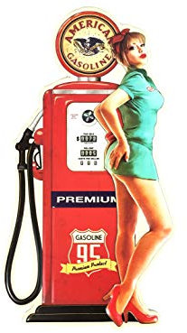 FEENOMENN Déco Murale Vintage en Métal - Pin up Pompe à Essence - American Gasoline (58x31cm)