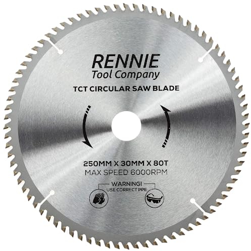 Rennie Tools - 250mm x 30mm x 80T TCT Circular Wood Saw Blade Includes 25mm 20mm & 16mm Bore Reduction Rings. Compatible with Bosch Makita Dewalt Circular Saw Etc. Fits 255mm Circular Saws