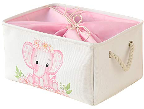 INough Wäschekorb Rosa Elefantenkorb für Kinder, Spielzeug Aufbewahrung, Großer Zusammenklappbarer Wäschekorb mit Griffen Wasserdichter Aufbewahrungskorb aus für Kleinkinder (Rosa Elefant)