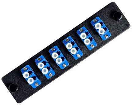 SpeedyFiberTX - Panneau de brassage en fibre compatible LGX, chargé avec des adaptateurs LC monomode | 6 adaptateurs LC Duplex – 12 fibres, adaptateur bleu sans numéros de port imprimés.