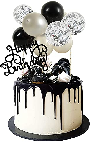 Silver Black Balloon Cloud Cake Topper 5 Inch 10pcs Transparent Metallic Confetti Mini Balloon Garland Cake Topper with Happy Birthday Letter Topper for Birthday Cake Decorations Wedding Bridal Party