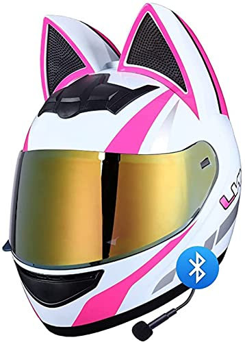 Casco Moto Integrale Da Donna Cat Ear Casco Integrale Certificato ECE Protezione Per Il Viso Occhiali Placcati Oro Fodera Completamente Rimovibile E Lavabile Casco Moto H,XL