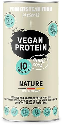 Powerstar VEGAN PROTEIN 500 g | Veganes Protein-Pulver ohne Soja, Süßungsmittel & Aroma | Mehrkomponenten Eiweiß-Pulver mit 10 Superfoods ergänzt | Deutsche Herstellung | Nature ungesüßt
